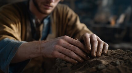 Close-up of clay being molded into harmony under careful hands — an earthy, emotional representation of craftsmanship, mindfulness, and the timeless connection between human touch and artistic