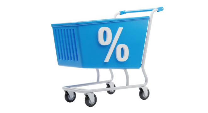 Blue Shopping Cart with Percentage Symbol Indicating Discount Sale