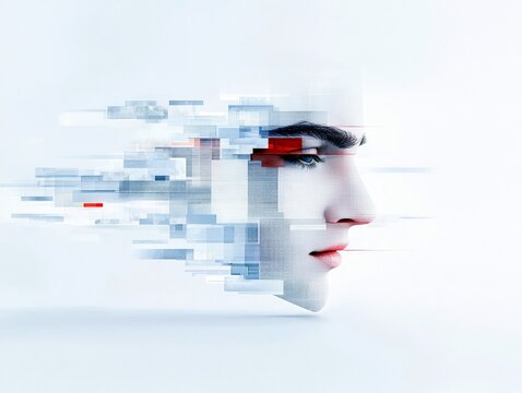 A profile view of a human face is breaking apart into abstract digital blocks and lines, conveying a sense of data transformation or technological integration.