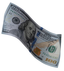 Levitation of a hundred dollar bill with transparent background for creative design purposes