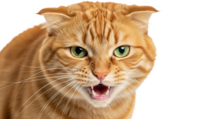 Close up of an angry orange tabby cat with wide green eyes hissing with mouth open