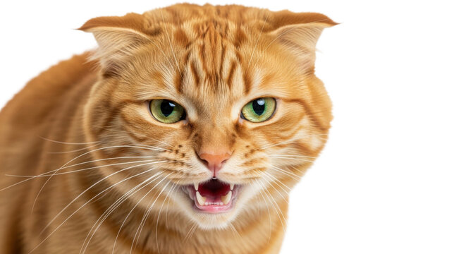 Close up of an angry orange tabby cat with wide green eyes hissing with mouth open