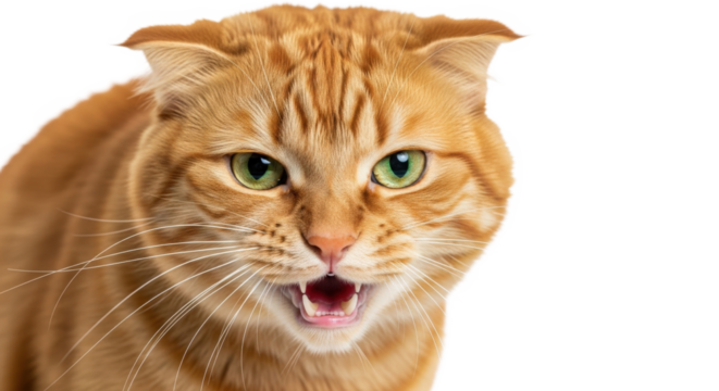 Close up of an angry orange tabby cat with wide green eyes hissing with mouth open