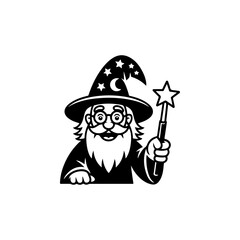 A black and white cartoon mascot of a friendly wizard with a long beard and a pointed, star-covered hat, holding a magic wand. The character is stylized in a simple, fun comic look.