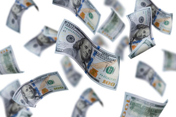 Levitation of a hundred dollar bill floating in mid-air on a transparent background