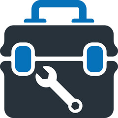 Blue and Black Toolbox Icon with White Wrench Symbol on Transparent Background Representing Repair and Maintenance Services