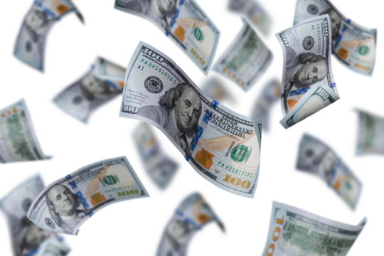 Levitation of a hundred dollar bill floating in mid-air on a transparent background