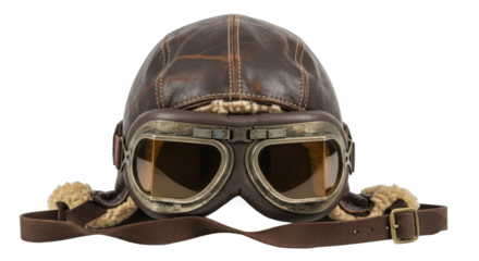 Vintage Leather Aviator Goggles Hat with Ear Flaps Isolated on Black Background