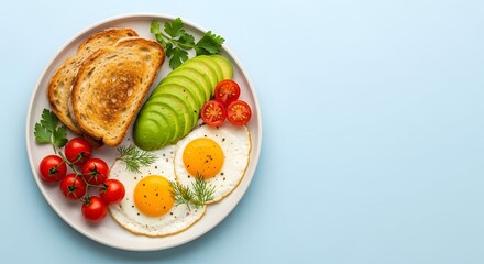 Top-down flat lay of a Western-style breakfast plate with toast, eggs, avocado, cherry tomatoes, and herbs. Empty space is intentionally placed to the right for layout flexibility. Background is soft 