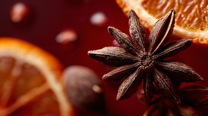 A close-up of anise and orange slice against dark red mulled wine background, abstract artistic framing, shallow focus texture study