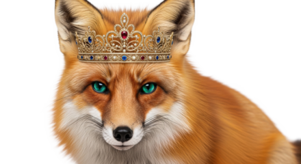 Majestic Red Fox Wearing Ornate Royal Crown symbolizing power wisdom and elegance isolated on transparent background