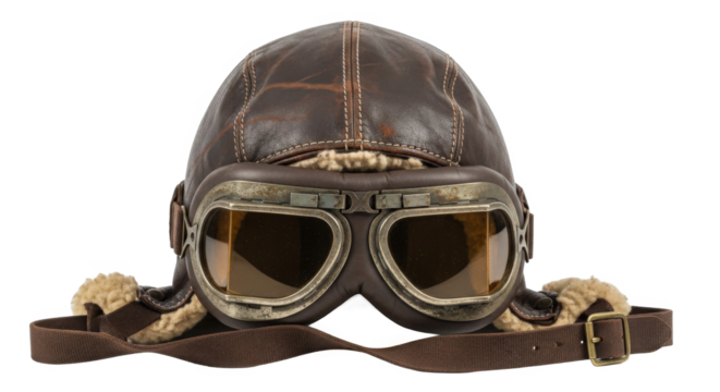 Vintage Leather Aviator Goggles Hat with Ear Flaps Isolated on Black Background