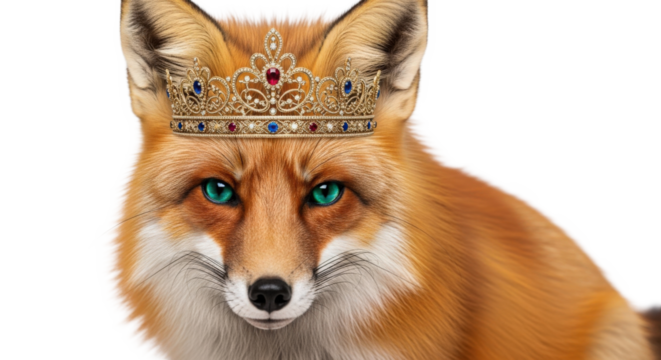 Majestic Red Fox Wearing Ornate Royal Crown symbolizing power wisdom and elegance isolated on transparent background