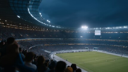 Fototapeta premium A panoramic aerial shot of a brightly lit modern stadium at night, filled with cheering fans and vibrant team colors — an awe-inspiring visual symbolizing energy, excitement, and the grandeur of