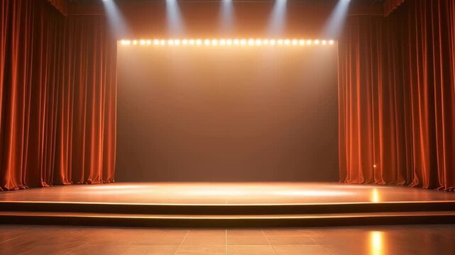 Empty Theater Stage With Red Curtains Illuminated by Warm Spotlights and Overhead Lights Creating Dramatic Ambiance