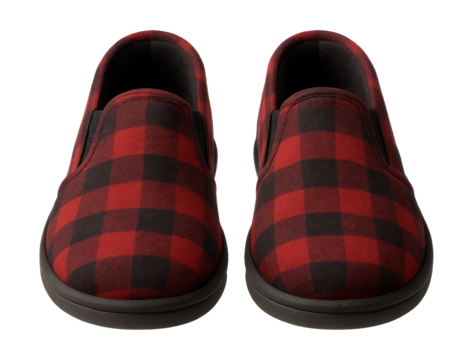 Red and black checkered flannel slippers with elastic side gores.