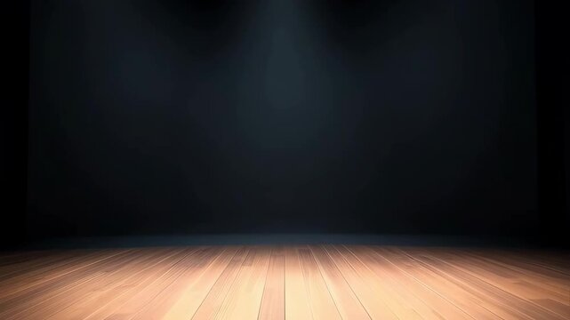 Empty Theater Stage with Spotlights and Orange Vertical Lights on Wooden Floor Reflecting Dramatic Illumination