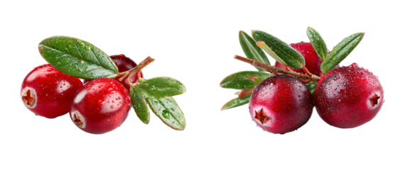 Two clusters of fresh cranberries with leaves and water droplets on transparent background