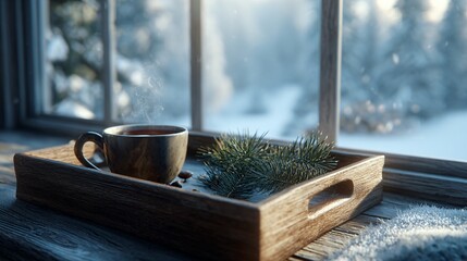 A cozy cabin interior with a wooden tray holding a steaming cup of hot cider and pine sprigs, snowy forest visible through window, cinematic light