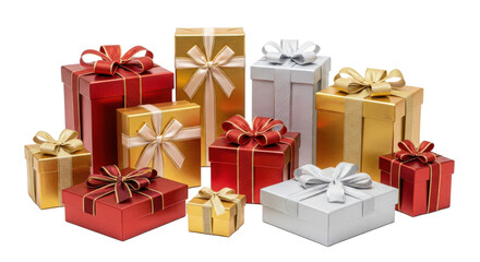 Festive Holiday Gift Boxes Wrapped in Red Gold and Silver Ribbon for Celebration