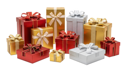 Festive Holiday Gift Boxes Wrapped in Red Gold and Silver Ribbon for Celebration