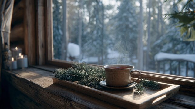 A cozy cabin interior with a wooden tray holding a steaming cup of hot cider and pine sprigs, snowy forest visible through window, cinematic light - Powered by Adobe