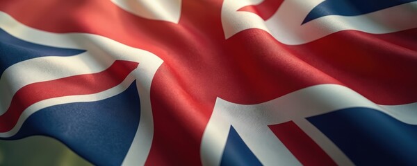 Close-up of Union Jack flag fabric waving gently in natural light. Red white, blue colors sharp. Realistic texture of textile visible. Dynamic folds create interesting shadows, highlights on cloth.
