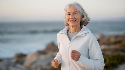 Smiling older adult jogging near the ocean with sunrise glow — representation of endurance, positivity, and physical vitality in later life. cinematic color correction, natural uneven lighting yet
