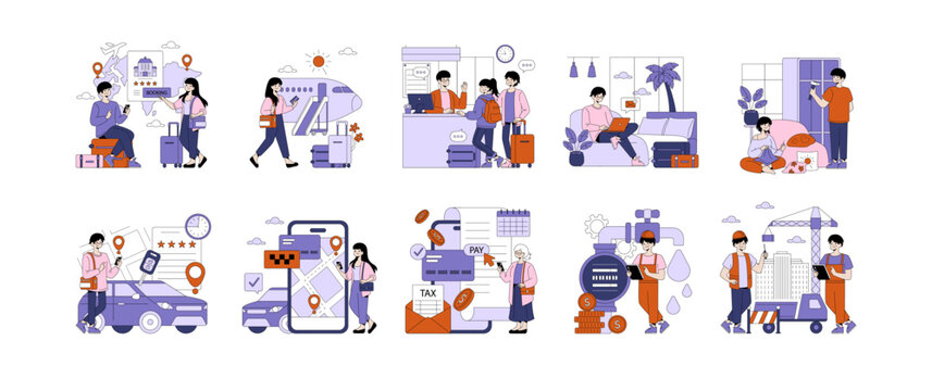 Travel and Payment Activities in Vector Illustration Set