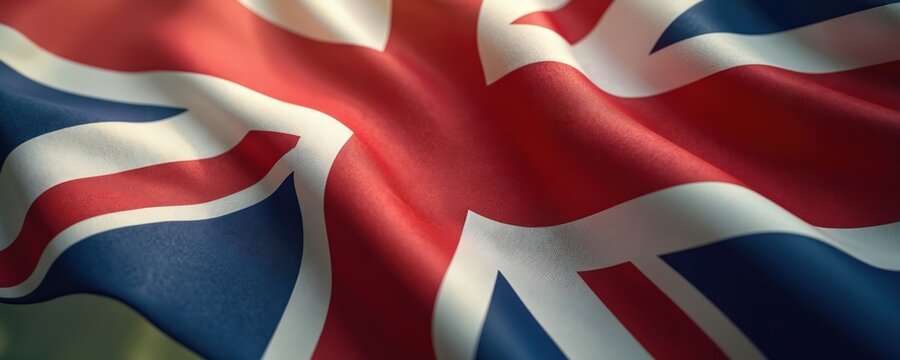 Close-up of Union Jack flag fabric waving gently in natural light. Red white, blue colors sharp. Realistic texture of textile visible. Dynamic folds create interesting shadows, highlights on cloth.
