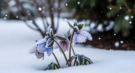Hellebore flower covered in snow, with snowflakes falling in a winter garden