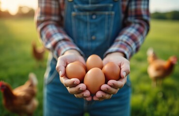 Farmer holds fresh brown eggs gathered from free range chickens in grassy field at sunset. Hens roam freely on organic farm pasture, symbolizing natural food production and healthy countryside living.