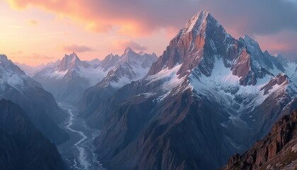 Snowy mountain peaks glow with alpenglow at sunrise. A deep valley with a winding river sits below. Majestic mountain range view with rocky slopes and white snow caps.
