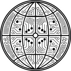 A black and white globe illustration with circuit board patterns and circular elements design graphic art