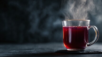 An elegant glass mug with steaming red mulled wine, isolated on dark textured slate, minimalist aesthetic, gentle vapor rising, professional product lighting