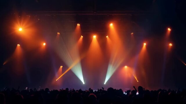 Energetic Crowd Cheering Under Dramatic Orange and White Stage Lights During a Live Concert Performance