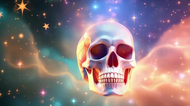 Ethereal Human Skull Floating Amidst Cosmic Nebula and Twinkling Stars with Golden and Teal Hues - Powered by Adobe