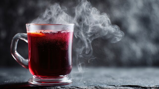 An elegant glass mug with steaming red mulled wine, isolated on dark textured slate, minimalist aesthetic, gentle vapor rising, professional product lighting - Powered by Adobe