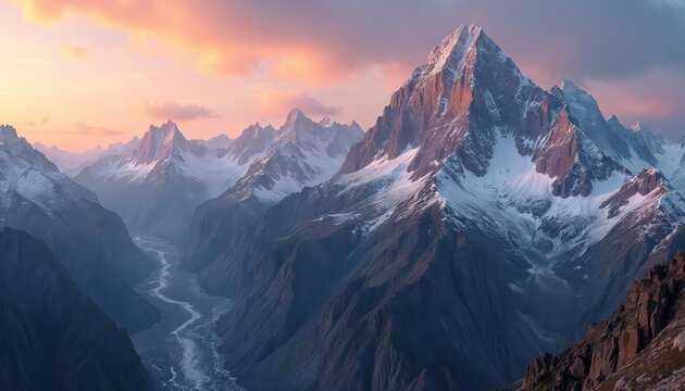 Snowy mountain peaks glow with alpenglow at sunrise. A deep valley with a winding river sits below. Majestic mountain range view with rocky slopes and white snow caps.