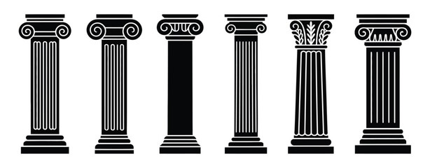 Ancient pillar black silhouette vector set isolated featuring greek and roman style