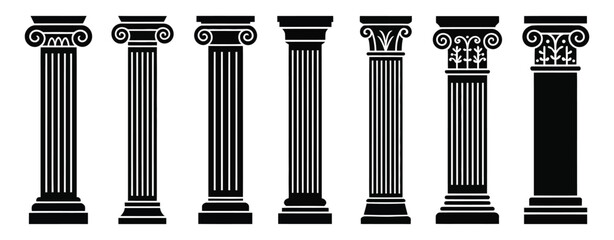 Ancient pillar black silhouette vector set isolated featuring greek and roman style