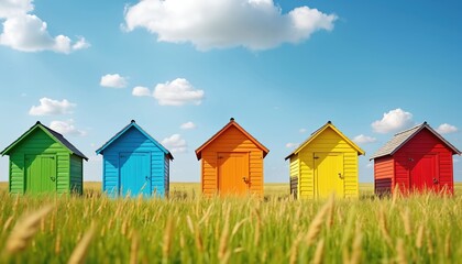 Five small colorful wooden beach huts stand in row. Green, blue, orange, yellow, red cabins in field of tall green grass. Bright summer day with clear blue sky, white clouds. Concept of vacation,