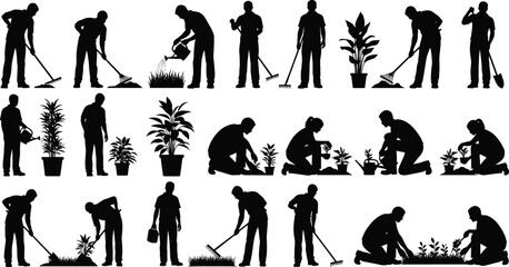 Gardening people silhouette set, men and women planting, watering and raking soil, outdoor garden work illustration, eco nature farming activity