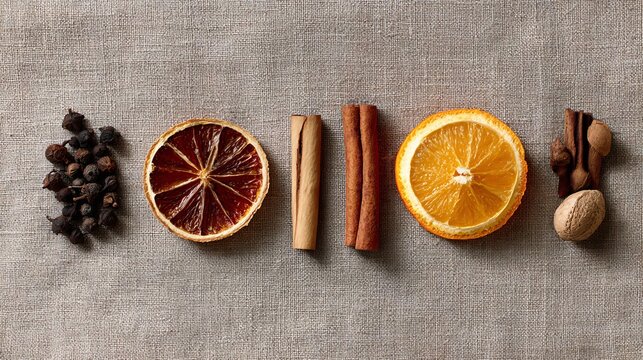 A festive minimalist flat lay of mulled wine ingredients cloves, cinnamon, orange peel arranged geometrically on neutral linen fabric, soft pastel background - Powered by Adobe