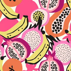 Abstract dragon fruit, papaya, orange, banana, pomegranate drawing seamless pattern. Tropical fruits background. Vector illustration for kitchen wallpaper, health care products, fabric, textile design
