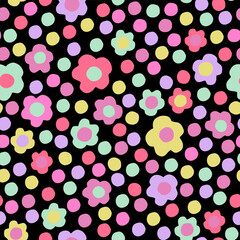 Abstract floral seamless pattern. Simple surface design with abstract small flowers and polka dots. Ditsy vector repeated background for textile, fabric, wallpaper design. Blooming daisy flowers
