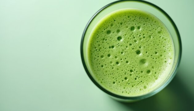 Close view of frothy green drink in clear glass. Bubbles on surface show smooth liquid texture. Refreshing, healthy beverage for wellness and diet.
