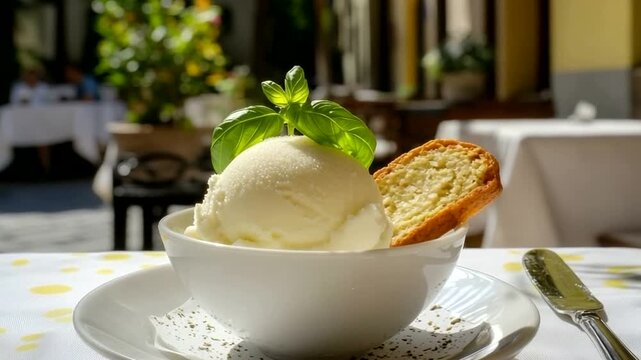 A refreshing scoop of lemon sorbet garnished with fresh basil and a biscotti served outdoors on a sunny day