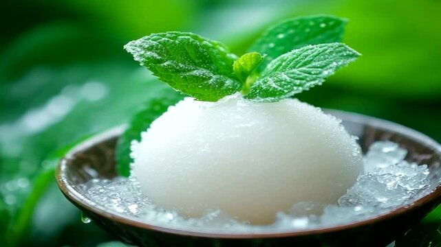 A single scoop of white sorbet or ice cream nestled in crushed ice and surrounded by fresh mint leaves