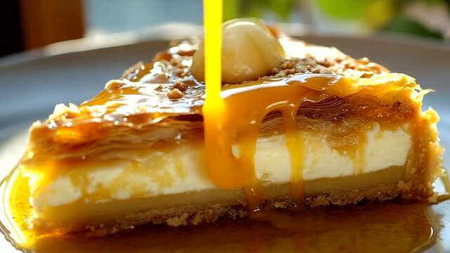 A decadent slice of baklava cheesecake drizzled with golden syrup and nuts